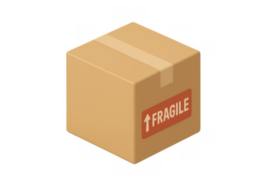 Cardboard package with fragile label icon for shipping, delivery, moving, e-commerce, and logistics concepts, transparent background