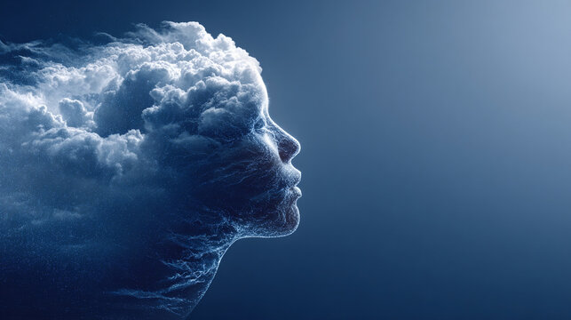 Thoughts dissolving into streams of neon particles with glowing trails and dynamic motion representing imagination, consciousness, digital mind, abstract energy, and futuristic visualization