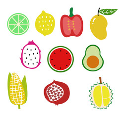 Illustration vector of fruits and vegetable lime lemon bell pepper mango corn 