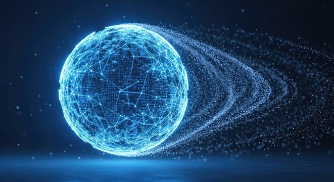 Abstract Blue Sphere with Particle Trails Representing Digital Data and Global Connectivity.