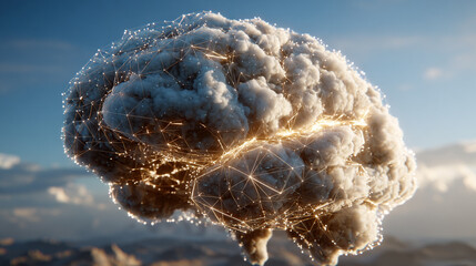 Thoughts dissolving into streams of neon particles with glowing trails and dynamic motion representing imagination, consciousness, digital mind, abstract energy, and futuristic visualization