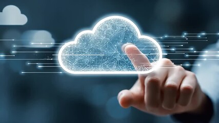 Hand interacting with a digital cloud interface, symbolizing technology and data transfer in a modern setting - Powered by Adobe