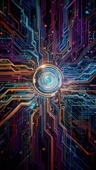 Intricate circuit design with glowing central lens