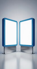 Minimal dual poster mockup with bright white screens and metallic blue background