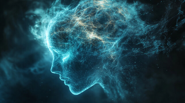 Thoughts dissolving into streams of neon particles with glowing trails and dynamic motion representing imagination, consciousness, digital mind, abstract energy, and futuristic visualization