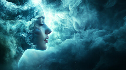 Thoughts dissolving into streams of neon particles with glowing trails and dynamic motion representing imagination, consciousness, digital mind, abstract energy, and futuristic visualization