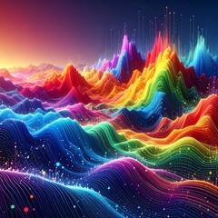Obraz premium A vibrant rainbow landscape, flowing lines, and glowing peaks