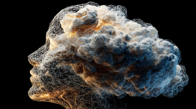 Thoughts dissolving into streams of neon particles with glowing trails and dynamic motion representing imagination, consciousness, digital mind, abstract energy, and futuristic visualization