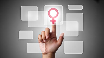 Hand touching female gender symbol on digital screen representing women empowerment