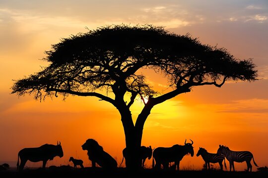 Silhouette of a majestic acacia tree with a herd of wildebeest and zebras at sunset on the african savanna