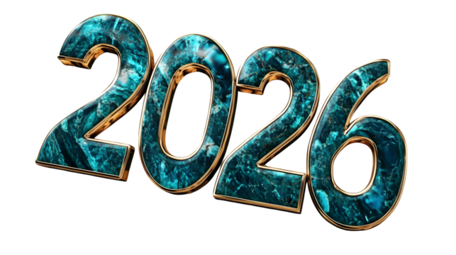 A turquoise and gold textured rendering of the year two thousand and twenty six on black background