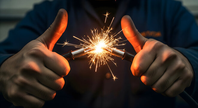 Skilled hands expertly connect sparking wires, igniting a vibrant burst of energy, symbolizing innovation, power, and successful project completion in industrial settings.