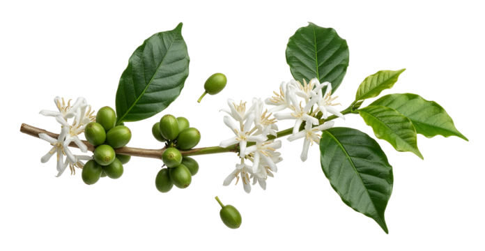 Coffee branch with white flowers and unripe green coffee cherries isolated on transparent background