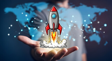 Ignite global growth and innovation with a powerful rocket launching from an open hand against a connected world map backdrop, symbolizing ambitious business expansion.
