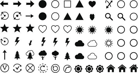 Collection of various black and white icons including arrows shapes nature and technology symbols