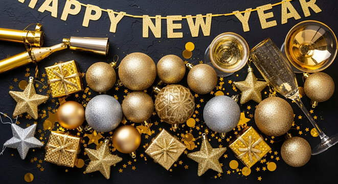 Golden Christmas balls and baubles with gold ribbon design for holiday celebration and new year decoration