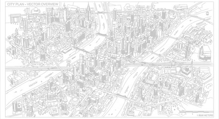Isometric city plan vector overview featuring buildings bridges and roads in black and white style