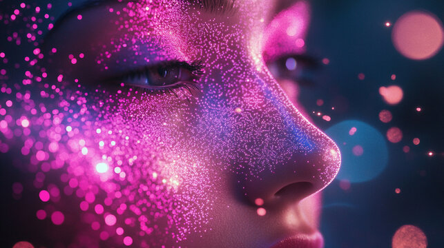 Thoughts dissolving into streams of neon particles with glowing trails and dynamic motion representing imagination, consciousness, digital mind, abstract energy, and futuristic visualization