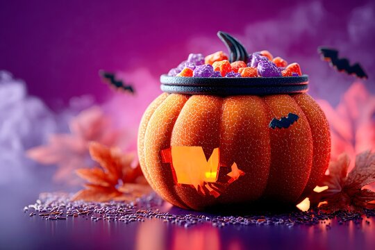 Orange Halloween pumpkin filled with candies bats and smoke purple background