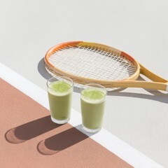 Modern Summer Lifestyle Refreshing Iced Matcha Drinks on Tennis Court for Wellness Marketing Content