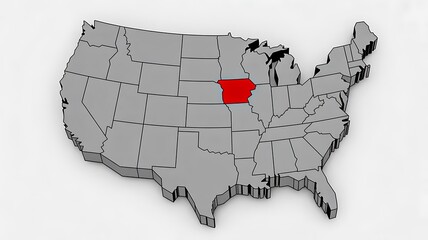 3d map of united states with highlighted state in red on gray background