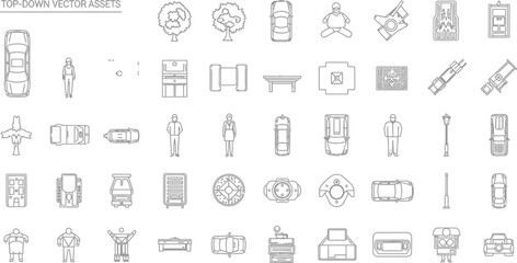 Top down vector assets featuring cars people trees furniture and street objects in a line art style