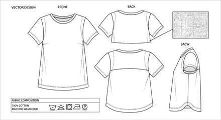 Technical drawing of a short sleeved t shirt with front back and side views in vector design format