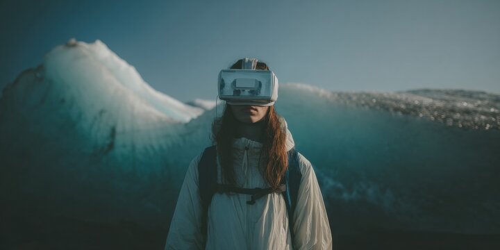 Inspiring Female Tourist in VR on Glacier Modern Adventure and Tech Exploration for Travel Campaigns and Digital Marketing