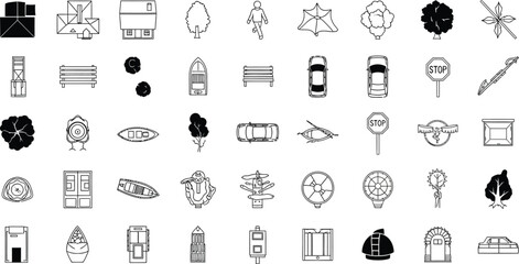 Illustration of various objects including buildings vehicles and nature elements in black and white