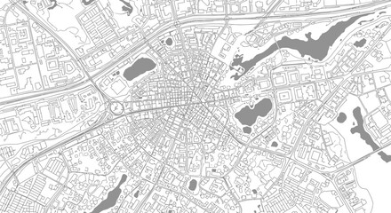 Detailed architectural city map with radial street layout and several bodies of water shown in gray