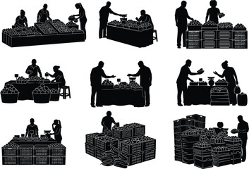 Silhouette illustration of people buying and selling vegetables at local market stalls, showcasing traditional commerce, interaction, and fresh produce exchange.
