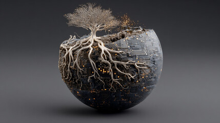 Tree roots wrapping around a digital circuit planet with glowing connections representing nature merging with technology, growth, sustainability, cybernetic ecosystem, and futuristic digital visualiza
