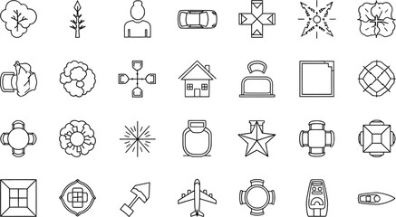 A collection of various outline icons including plants vehicles and household items on a white background