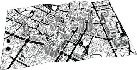 Monochrome architectural drawing of a city map with buildings and streets on a white sheet of paper