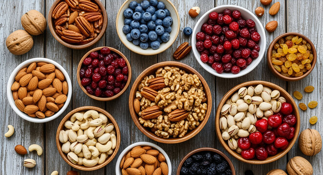 Assorted dry brown nuts and sweet fruit in a wooden bowl for a healthy organic vegetarian diet