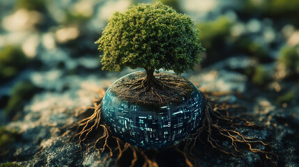Tree roots wrapping around a digital circuit planet with glowing connections representing nature merging with technology, growth, sustainability, cybernetic ecosystem, and futuristic digital visualiza