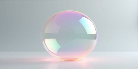 A colorful, transparent glass sphere reflects rainbow light on a pink and red background, like a soap bubble or crystal globe