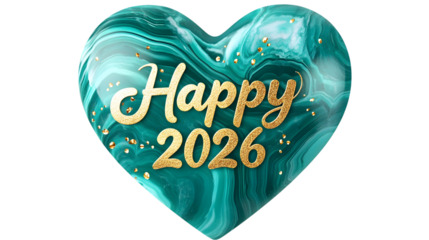 A teal heart with gold glitter and the words happy 2026 in gold on a black background