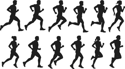 Running silhouette set of male and female athletes in motion, dynamic stride poses for sports, fitness, animation, and design use
