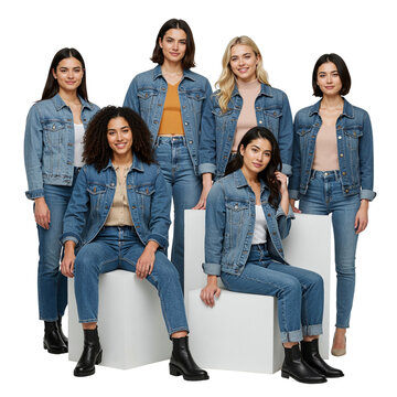 Group of diverse young women modeling stylish denim jeans and jackets isolated on transparent background