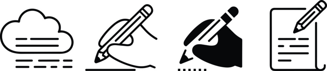 Writing and Note-Taking Icons Set for Digital and Manual Tasks, Cloud Storage, Pencil Drawing, Document Editing, UI and Education