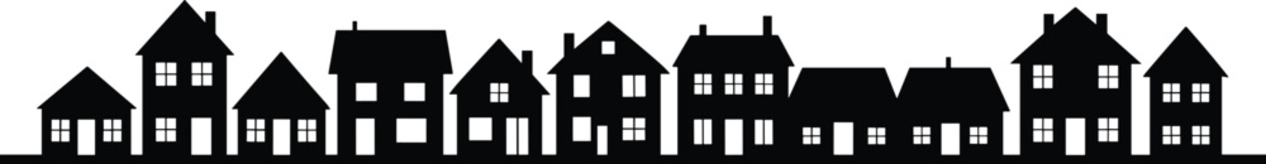 Silhouette row of suburban houses with diverse rooftops, windows, and doors in minimalist residential neighborhood street vector illustration design