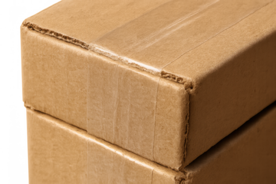 Cardboard boxes stacked, taped for shipping and delivery, brown packaging with transparent background