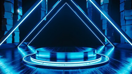 Futuristic blue neon triangular stage with glowing lights and reflections
