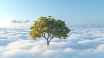 Virtual tree growing above the clouds with glowing branches and digital roots representing growth, nature, technology, surreal landscape, futuristic environment, and abstract digital visualization