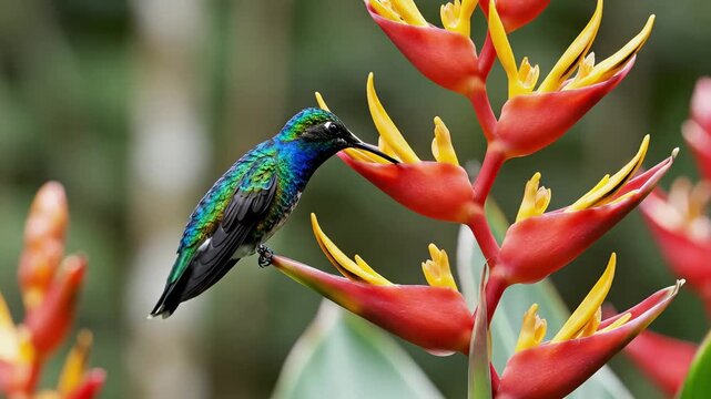 Iridescent Hummingbird Feeding on Red Tropical Heliconia Flower in Nature.