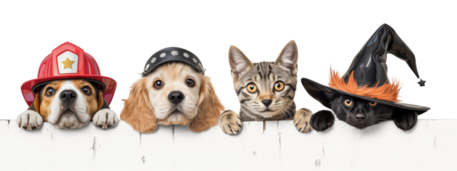 cute cats and dogs wearing costume hats over white fence.