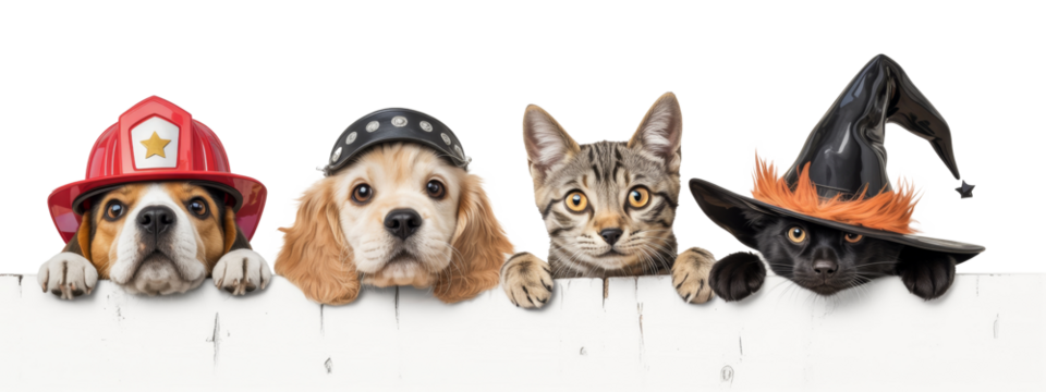 cute cats and dogs wearing costume hats over white fence.