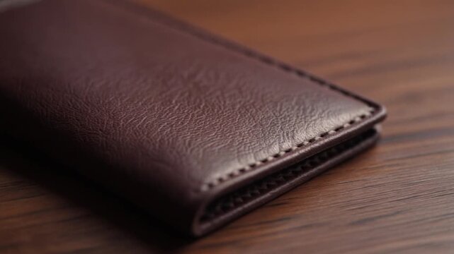Close-up of a brown leather wallet placed on a wooden surface. Showing the fine details of the stitching and the texture of the leather.