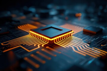 A close-up view of a computer processor, showcasing intricate circuitry and glowing connections that highlight advanced technology.